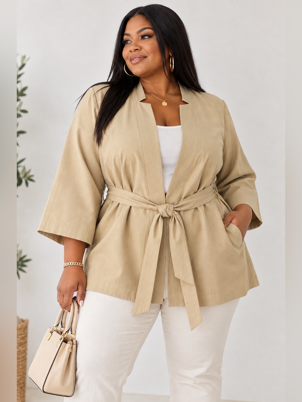 WynneLayers Beige Belted Kimono Jacket Size 2X NWOT